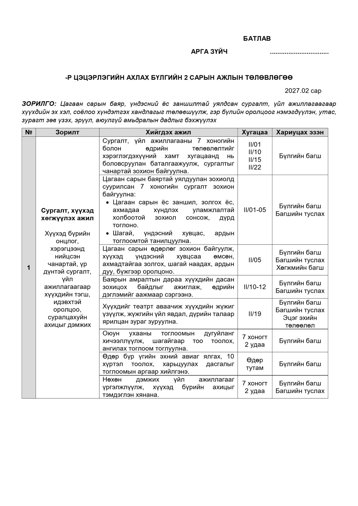 Ахлах бүлгийн 2 сарын ажлын төлөвлөгөө — Загвар 1, жишээ нүүр