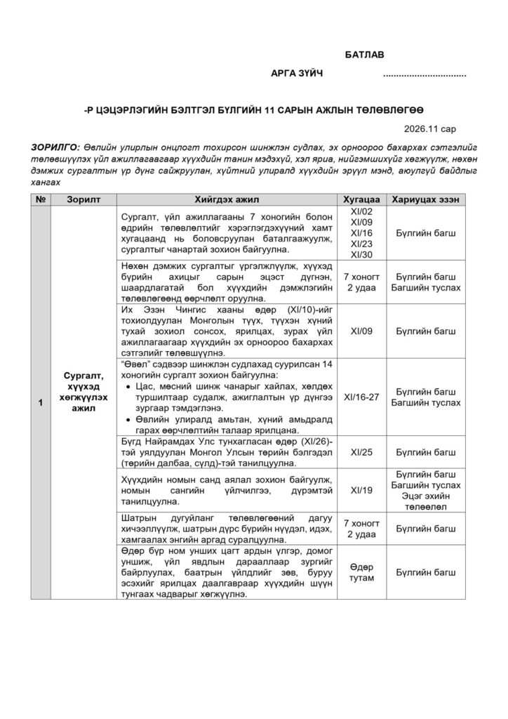 Бэлтгэл бүлгийн 11 сарын ажлын төлөвлөгөө — Загвар 1, жишээ нүүр