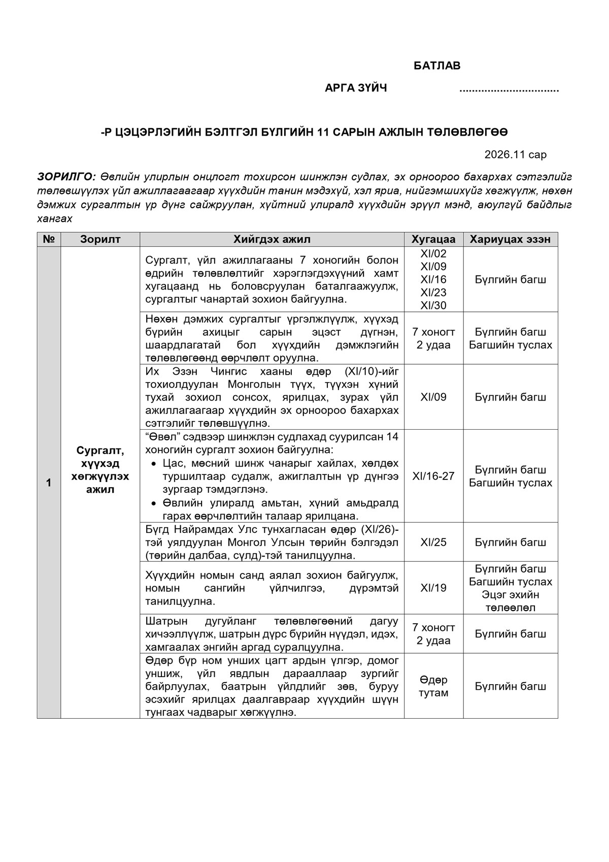 Бэлтгэл бүлгийн 11 сарын ажлын төлөвлөгөө — Загвар 1, жишээ нүүр