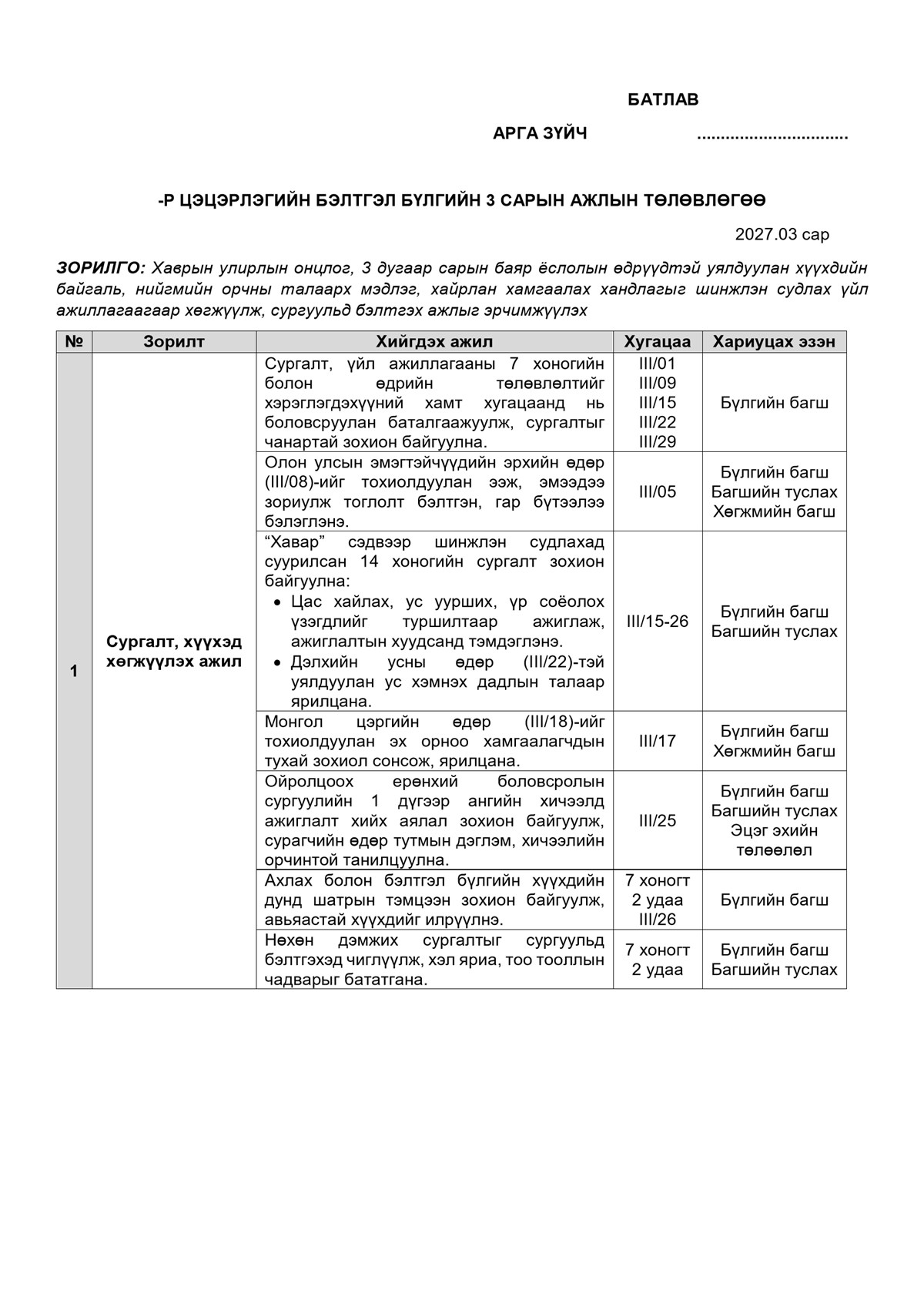 Бэлтгэл бүлгийн 3 сарын ажлын төлөвлөгөө — Загвар 1, жишээ нүүр