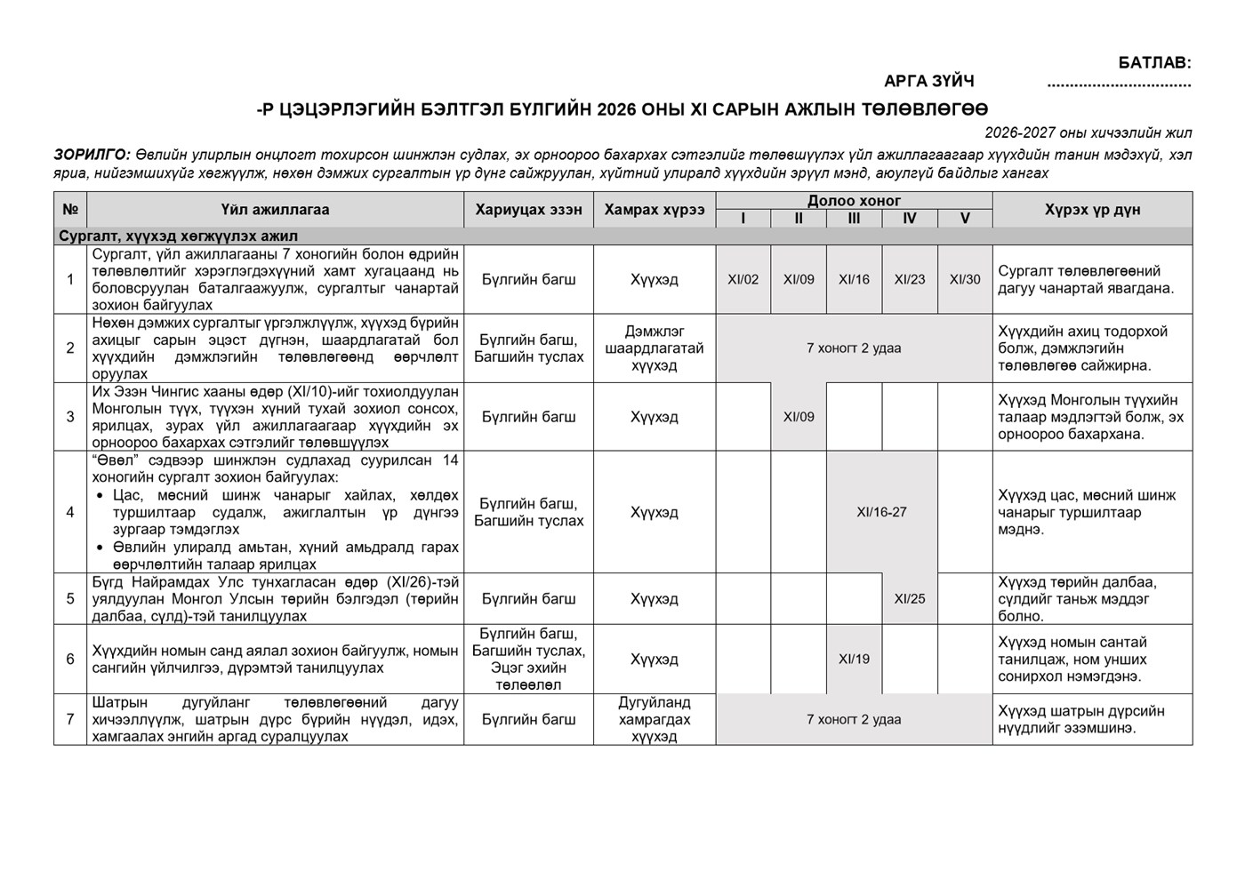 Бэлтгэл бүлгийн 11 сарын календарчилсан ажлын төлөвлөгөө — Загвар 2, жишээ нүүр