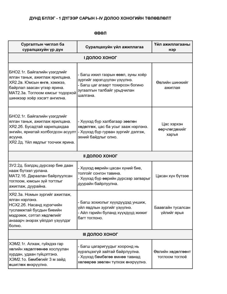Дунд бүлэг, 1 дүгээр сарын гарын авлагын төлөвлөлт — Үйл ажиллагааны төлөвлөлт
