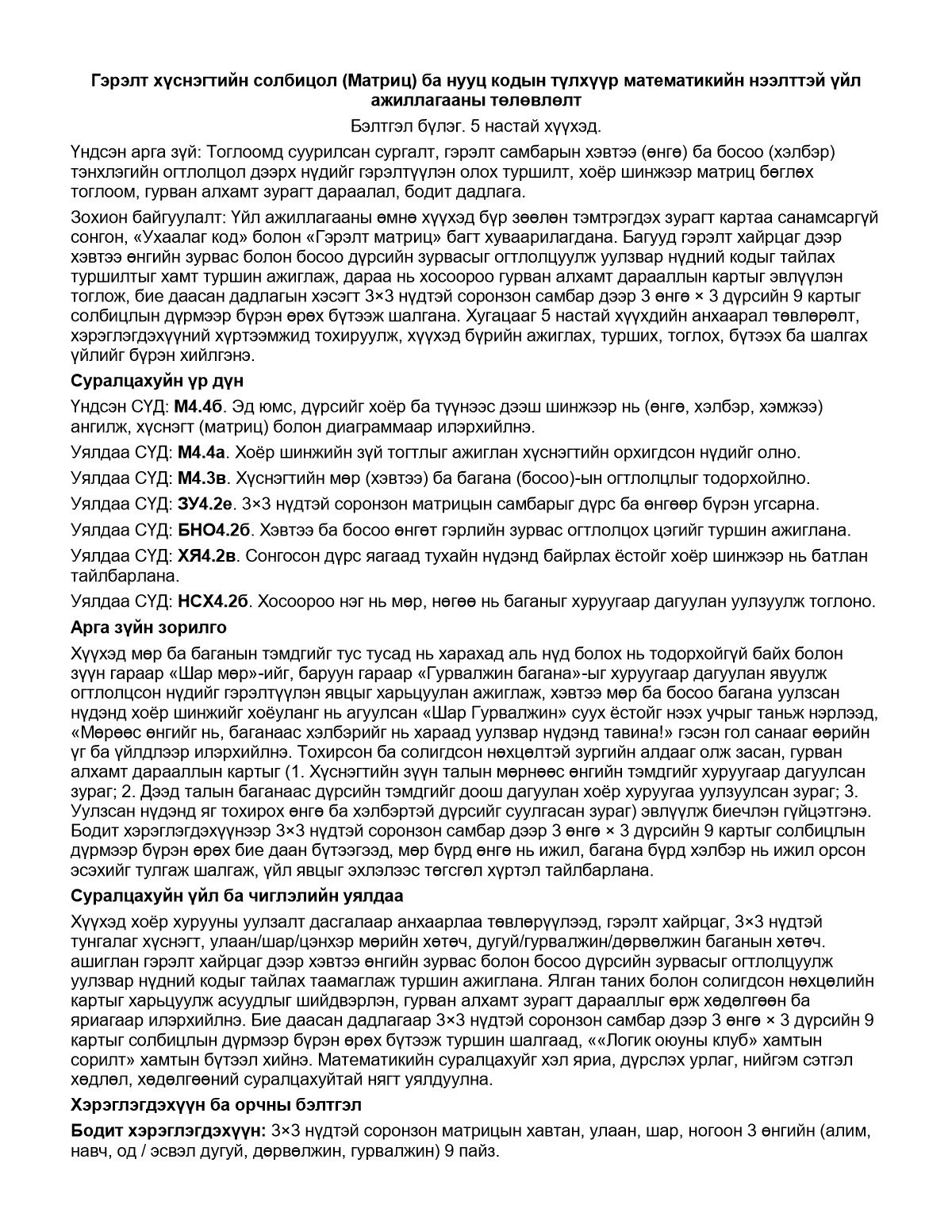Гэрэлт хүснэгтийн солбицол (Матриц) ба нууц кодын түлхүүр — хүснэгттэй аргачлалын нэг нүүрийн жишээ