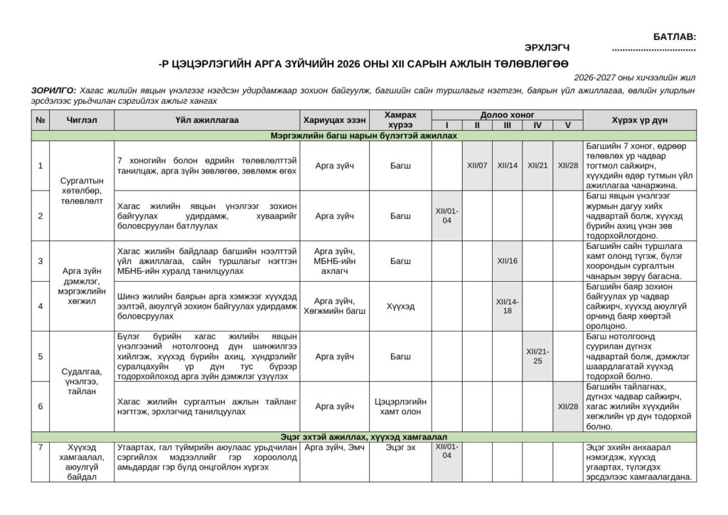 Арга зүйчийн 12-р сарын ажлын төлөвлөгөө | 2026-2027 он