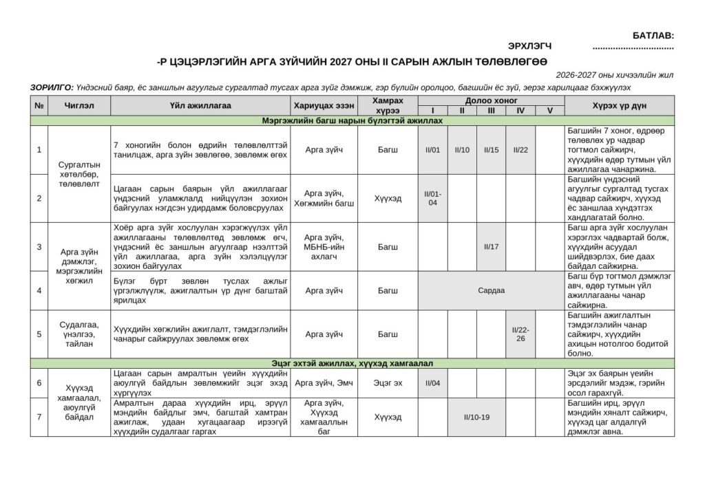 Арга зүйчийн 2-р сарын ажлын төлөвлөгөө | 2026-2027 он