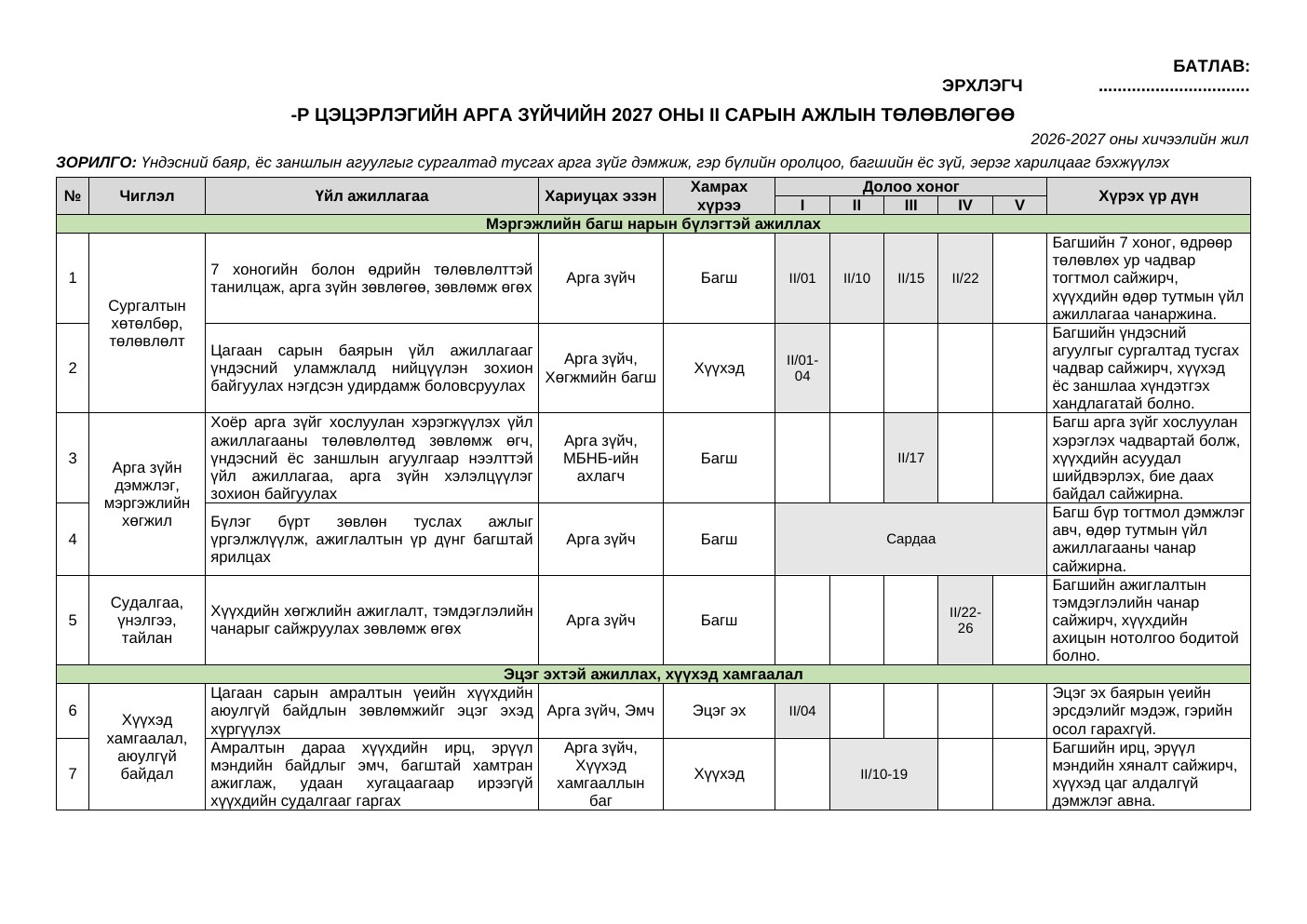 Арга зүйчийн 2-р сарын ажлын төлөвлөгөө | 2026-2027 он
