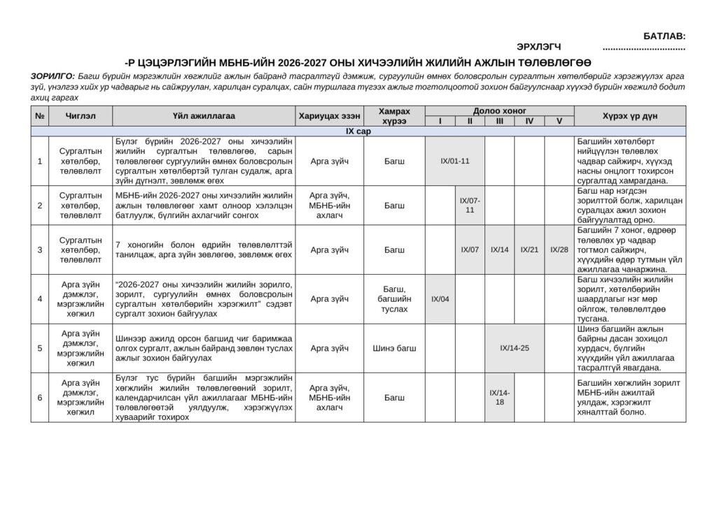 Арга зүйчийн — МБНБ-ийн жилийн ажлын төлөвлөгөө | 2026-2027 он
